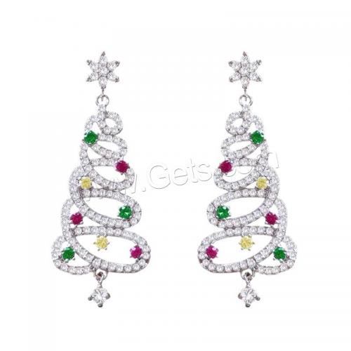 Pendientes de Navidad, aleación de zinc, Árbol de Navidad, chapado en color de plata, Joyería & para mujer & con diamantes de imitación, color mixto, 35x60mm, Vendido por Par