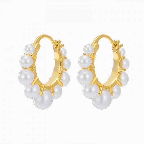 Brass Hoop Earring, with Plastic Pearl, plated, fashion jewelry & for woman [