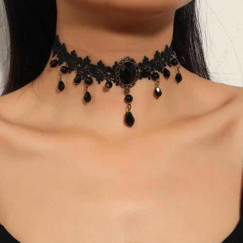 Mode Collier Choker, lacet, avec alliage de zinc, avec 8cm chaînes de rallonge, bijoux de mode & pour femme & avec strass, noire Environ 37 m, Vendu par PC