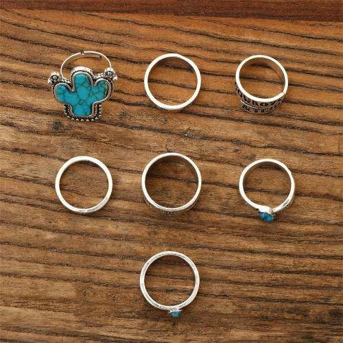 En alliage de zinc Bague, avec turquoise, 7 pièces & bijoux de mode & pour femme, Vendu par fixé