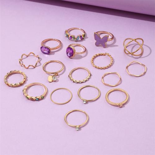 Zinc Alloy Ring Set, with Iron, 17 pieces & for woman & enamel & with rhinestone, golden [