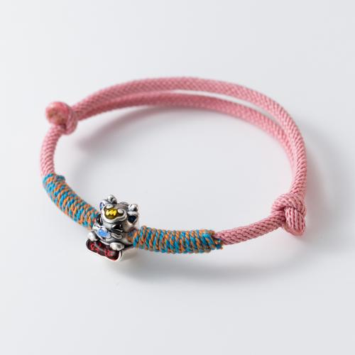 Mode Wachsschnur Armbänder, 925 Sterling Silber, mit Wachsschnur, für Frau & Epoxy Aufkleber, Rosa, Länge:ca. 15-23 cm, verkauft von PC