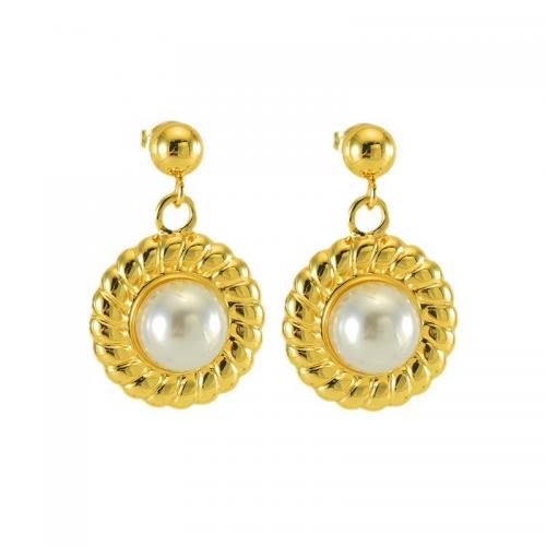 Stainless Steel Drop Earring, 304 Stainless Steel, with Plastic Pearl, Flower, 18K gold plated, fashion jewelry & for woman [