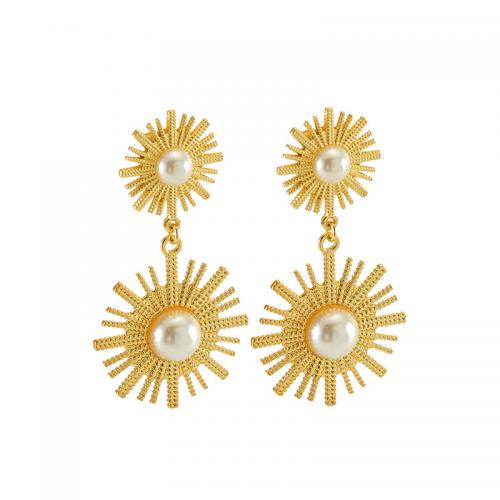 Stainless Steel Drop Earring, 304 Stainless Steel, with Plastic Pearl, Flower, 18K gold plated, fashion jewelry & for woman [