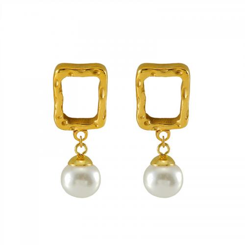 Stainless Steel Drop Earring, 304 Stainless Steel, with Plastic Pearl, Square, 18K gold plated, fashion jewelry & for woman & hollow [