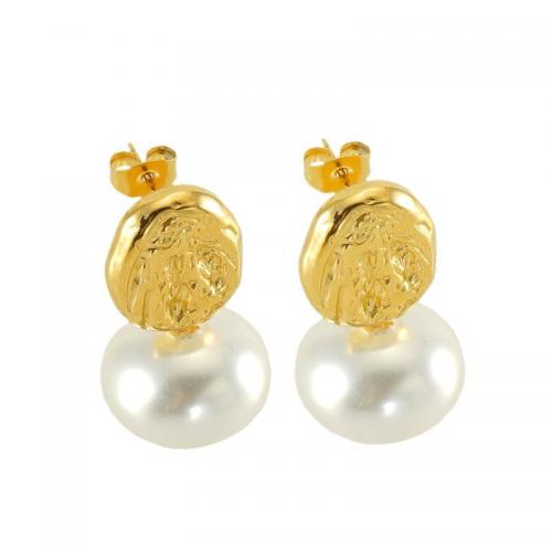 Stainless Steel Drop Earring, 304 Stainless Steel, with Plastic Pearl, 18K gold plated, fashion jewelry & for woman 