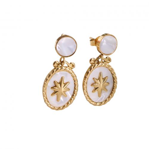 Acier titane Boucle d'oreille goutte, avec coquille blanche, ovale, Placage de couleur d'or, Vintage & pour femme Vendu par paire