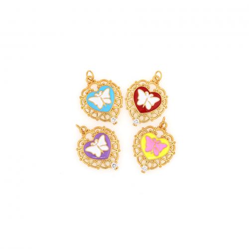 Enamel Brass Pendants, Heart, 18K gold plated, fashion jewelry & DIY & micro pave cubic zirconia & hollow [