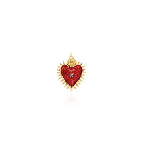 Enamel Brass Pendants, Heart, 18K gold plated, fashion jewelry & DIY & micro pave cubic zirconia, red [