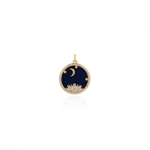 Enamel Brass Pendants, Flat Round, 18K gold plated, fashion jewelry & DIY & micro pave cubic zirconia, dark blue [