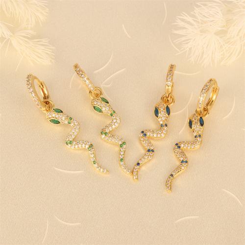 Cubic Zirconia Micro Pave Brass Earring, Snake, gold color plated, micro pave cubic zirconia & for woman [