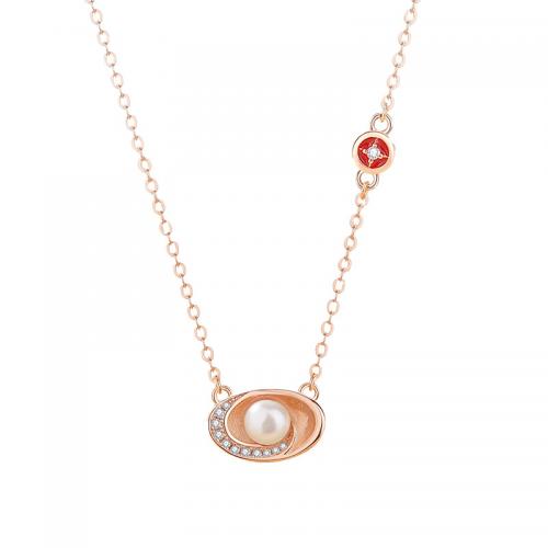 Cubic Zirconia Micro Pave Sterling Silver Necklace, 925 Sterling Silver, with Pearl Shell, with 5CM extender chain, plated, micro pave cubic zirconia & for woman & epoxy gel, rose gold color Approx 40 cm [