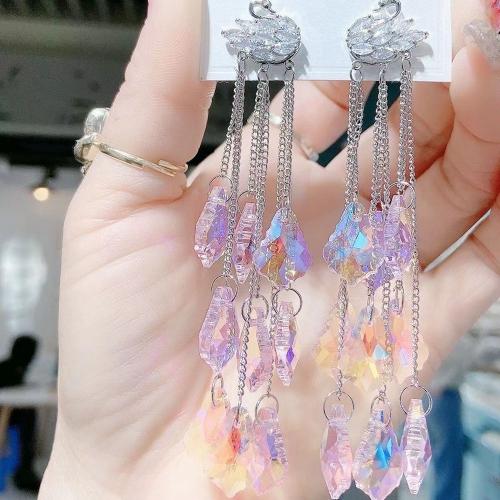 Brass Tassel Earring, with Crystal, Swan, platinum color plated, fashion jewelry & for woman, 135mm [