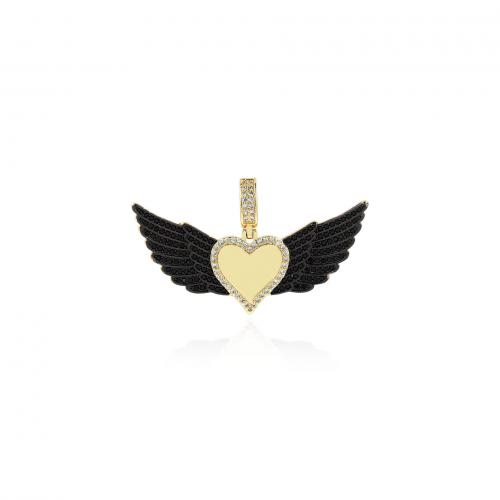 Enamel Brass Pendants, Heart, gold color plated, DIY & micro pave cubic zirconia, black [