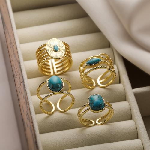 Gemstone Brass Finger Ring, with turquoise, gold color plated & micro pave cubic zirconia & for woman inner ~20mm [