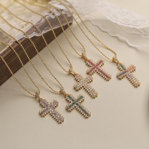 Cubic Zircon Micro Pave Brass Necklace, with 5CM extender chain, Cross, gold color plated, micro pave cubic zirconia & for woman cm [