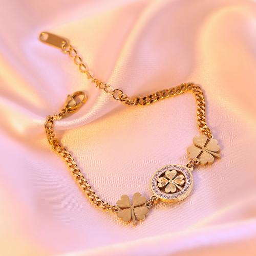 Cubic Zirconia Micro Pave Brass Bracelet, Titanium Steel, with 5CM extender chain, Four Leaf Clover, plated, micro pave cubic zirconia & for woman cm [