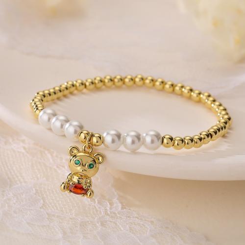 Cubic Zirconia Micro Pave Brass Bracelet, with Plastic Pearl, Bear, gold color plated, micro pave cubic zirconia & for woman cm [