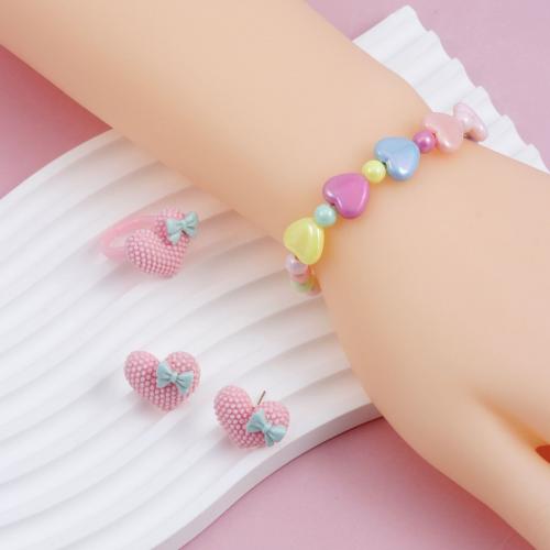 Children Bracelets, Plastic, forehead chain & Stud Earring & finger ring & bracelet, Heart, handmade, for children, multi-colored 