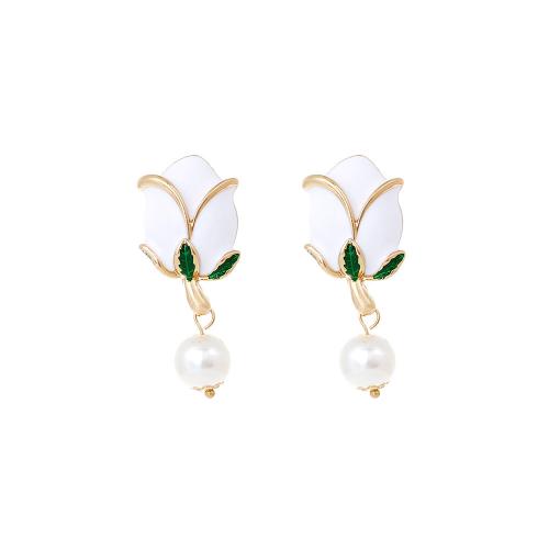 Enamel Zinc Alloy Drop Earring, with Plastic Pearl, Flower, fashion jewelry & for woman [