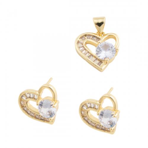 Cubic Zirconia Micro Pave Brass Pendant, Heart & micro pave cubic zirconia & for woman, golden, pendant 13.5*13.5mm,  stud earring 12.5*13.5mm [