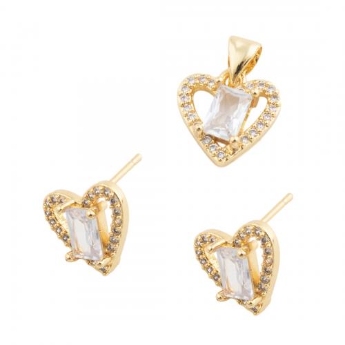 Cubic Zirconia Micro Pave Brass Jewelry Sets, Heart & micro pave cubic zirconia & for woman, golden, pendant 12.5*12mm,  stud earring 10.5*11.5mm [