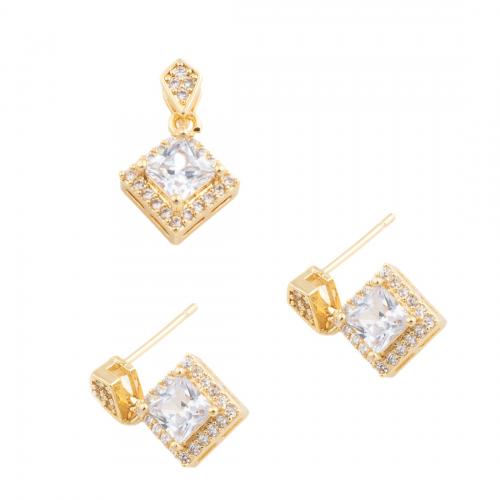 Cubic Zirconia Micro Pave Brass Jewelry Sets & micro pave cubic zirconia & for woman, golden, pendant 15.5*11.5mm,  stud earring 17.5*11mm [