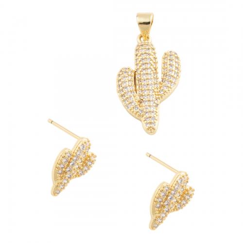 Cubic Zirconia Micro Pave Brass Jewelry Sets, Opuntia Stricta & micro pave cubic zirconia & for woman, golden, pendant 24*14.5mm,  stud earring 13.5*8.5mm [