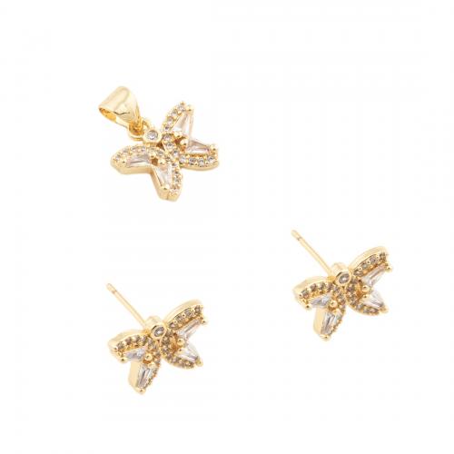 Micro cúbicos Circonia allanar sistemas de la joyería de cobre amarillo, metal, Mariposa, diferentes estilos para la opción & micro arcilla de zirconia cúbica & para mujer, dorado, pendant 11*12mm,  stud earring 9*12mm, Vendido por UD