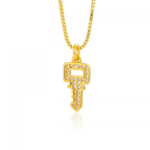 Cubic Zircon Micro Pave Brass Necklace, with 5cm extender chain, Key, gold color plated, fashion jewelry & micro pave cubic zirconia & for woman Approx 43 cm [