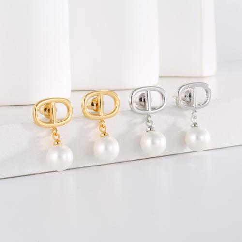 Brass Stud Earring, with Plastic Pearl, plated, fashion jewelry & for woman & hollow [