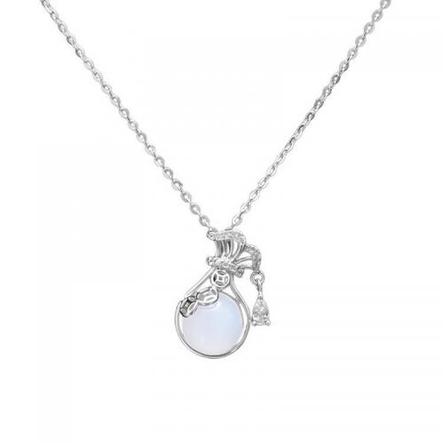 Cubic Zirconia Micro Pave Sterling Silver Necklace, 925 Sterling Silver, with White Chalcedony, with 5CM extender chain, plated, micro pave cubic zirconia & for woman, platinum color Approx 40 cm [