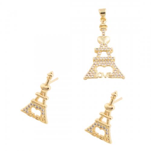 Micro cúbicos Circonia allanar sistemas de la joyería de cobre amarillo, metal, Torre Eiffel, diferentes estilos para la opción & micro arcilla de zirconia cúbica & para mujer, dorado, pendant 36*18.5mm,  stud earring 17.5*10.5mm, Vendido por UD