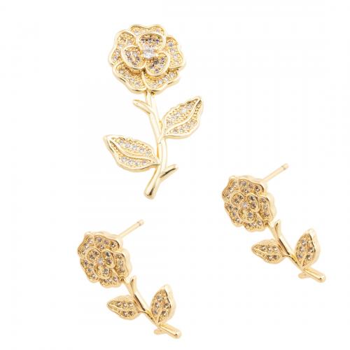 Micro cúbicos Circonia allanar sistemas de la joyería de cobre amarillo, metal, Flor, diferentes estilos para la opción & micro arcilla de zirconia cúbica & para mujer, dorado, pendant 30.5*16.5mm,  stud earring 20.5*10mm, Vendido por UD