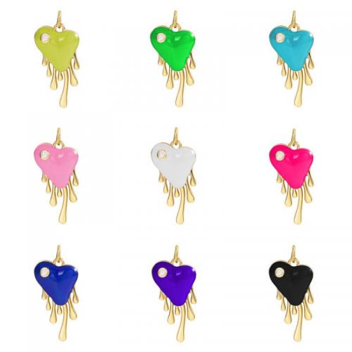 Rhinestone Brass Pendants, Heart, gold color plated, enamel & with rhinestone 