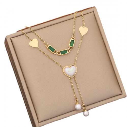 304 Stainless Steel Jewelry Set, with Plastic Pearl, Heart, gold color plated & for woman & with rhinestone [