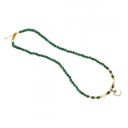 304 Stainless Steel Necklace, with Natural Gravel & Malachite & Brass, with 2inch extender chain, gold color plated & for woman & with rhinestone Approx 15.7 Inch [