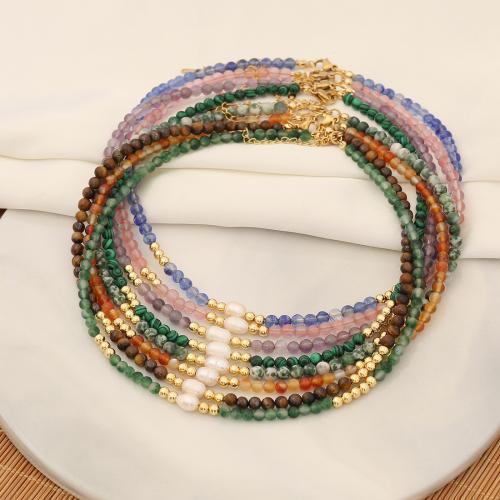 Gemstone Necklace, with Plastic Pearl & Brass & 304 Stainless Steel, with 2inch extender chain, gold color plated & for woman Approx 15.7 Inch [