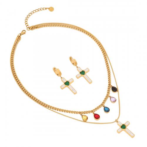 304 Stainless Steel Jewelry Set, with Glass Rhinestone, Cross, gold color plated & for woman [