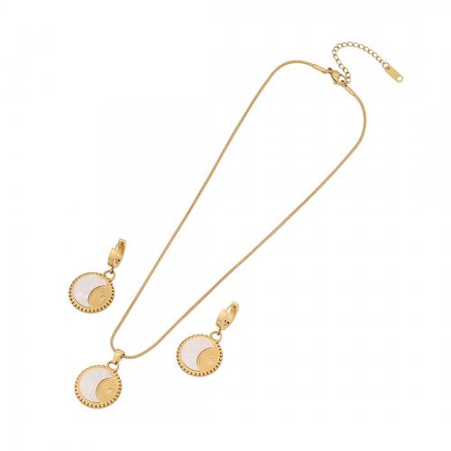 304 Stainless Steel Jewelry Set, earring & necklace, with Shell, Moon, gold color plated, 2 pieces & snake chain & for woman [