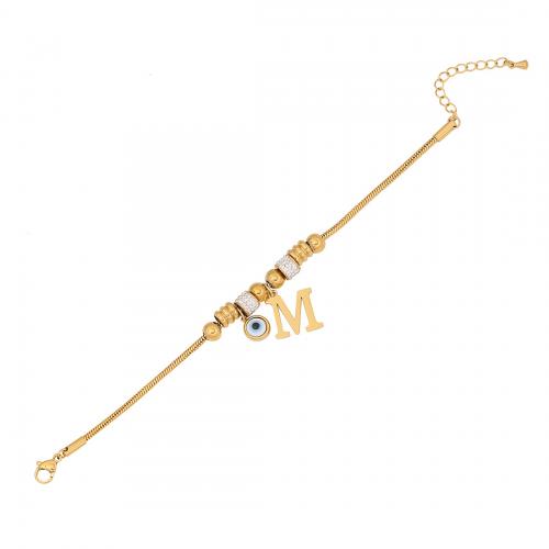 304 Stainless Steel Bracelet, with 2inch extender chain, Alphabet Letter, gold color plated & for woman & enamel & with rhinestone Approx 7 Inch [