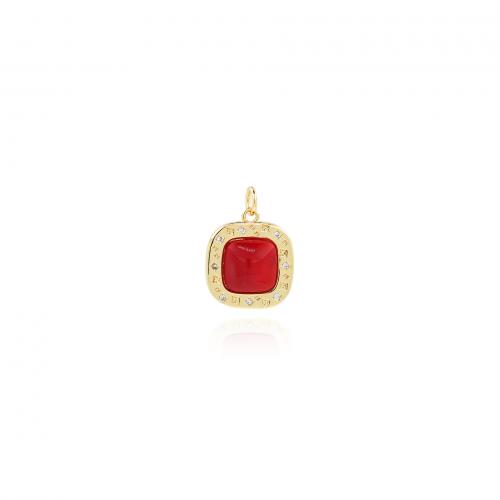 Cubic Zirconia Micro Pave Brass Pendant, Square, 18K gold plated, fashion jewelry & DIY & micro pave cubic zirconia & enamel, red [