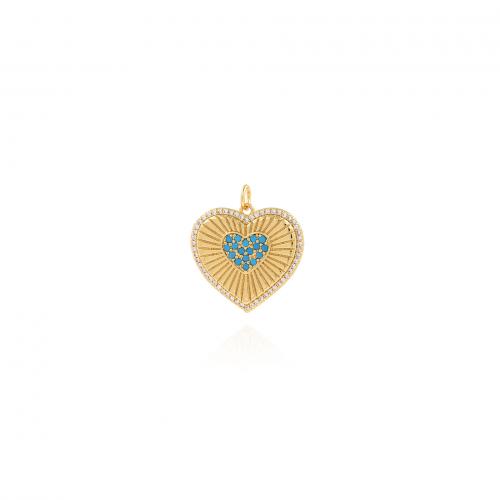 Cubic Zirconia Micro Pave Brass Pendant, Heart, 18K gold plated, fashion jewelry & DIY & micro pave cubic zirconia, blue [