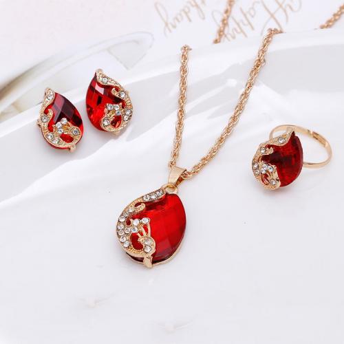 Rhinestone Zinc Alloy Jewelry Set, Stud Earring & finger ring & necklace, with 5cm extender chain, three pieces & for woman & with rhinestone pendant 30*20mm, Rings and earrings 20*14mm Approx 45 cm [