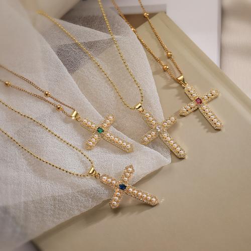 Cubic Zircon Micro Pave Brass Necklace, with Plastic Pearl, with 5CM extender chain, Cross, gold color plated & micro pave cubic zirconia cm [