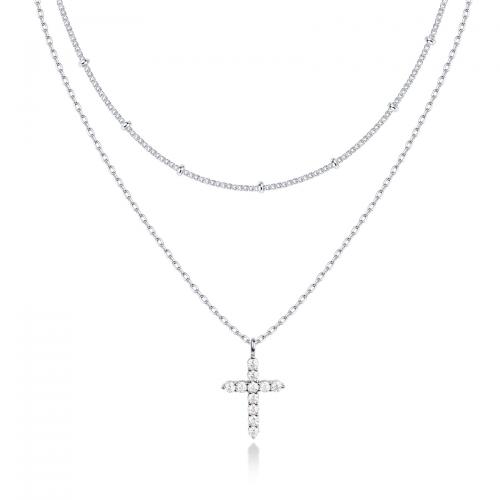 Cubic Zirconia Stainless Steel Necklace, 304 Stainless Steel, with 5cm extender chain, Cross, Double Layer & micro pave cubic zirconia & for woman Approx 37 cm, Approx 43 cm [