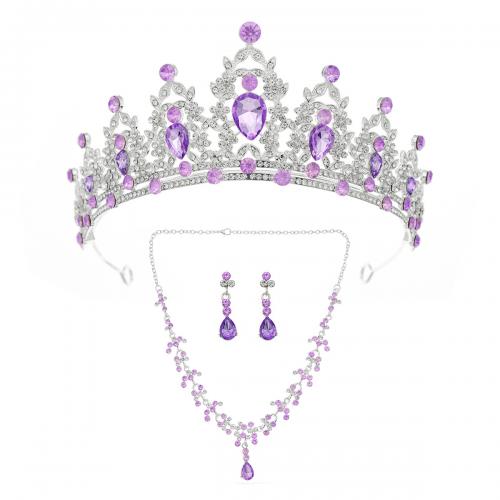 Bridal Tiaras, Zinc Alloy, Stud Earring & crown & necklace, silver color plated, three pieces & for woman & with rhinestone, purple [