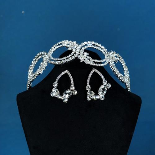 Bridal Tiaras, Zinc Alloy, crown & earring, silver color plated, 2 pieces & for woman & with rhinestone [