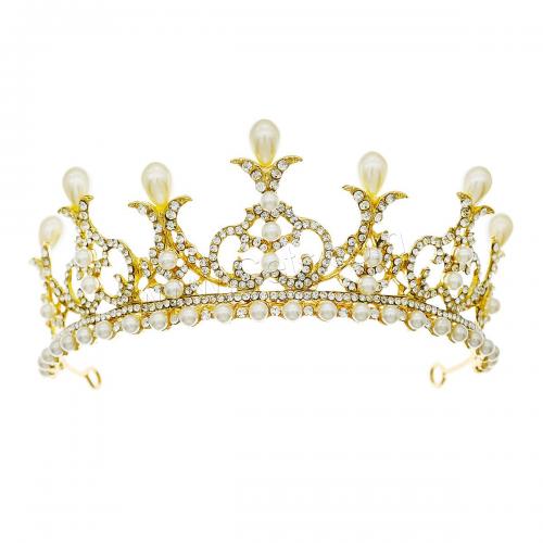 Bridal Tiaras, Zinc Alloy, with Plastic Pearl, gold color plated, for woman & with rhinestone [