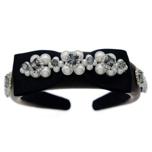 Hair Bands, Velveteen, with Plastic Pearl & Zinc Alloy, plated, for woman & with rhinestone, black [